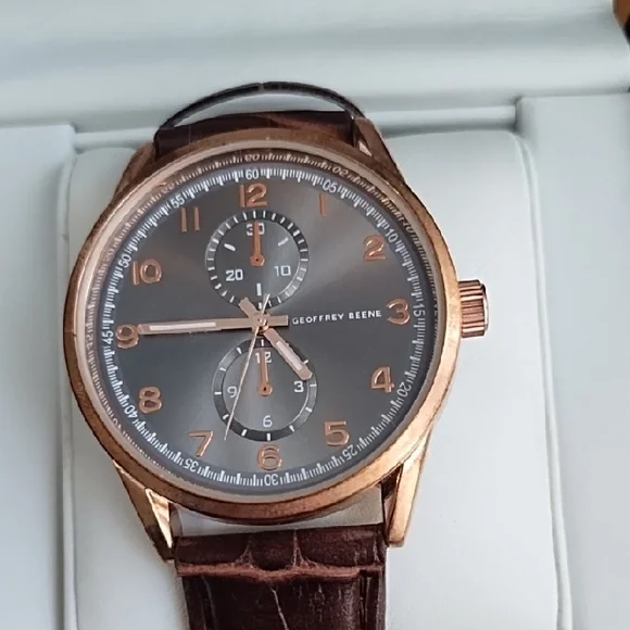 Geoffrey Beene Rose Gold Chronograph Watch with Brown Leather Band - Picture 2 of 5